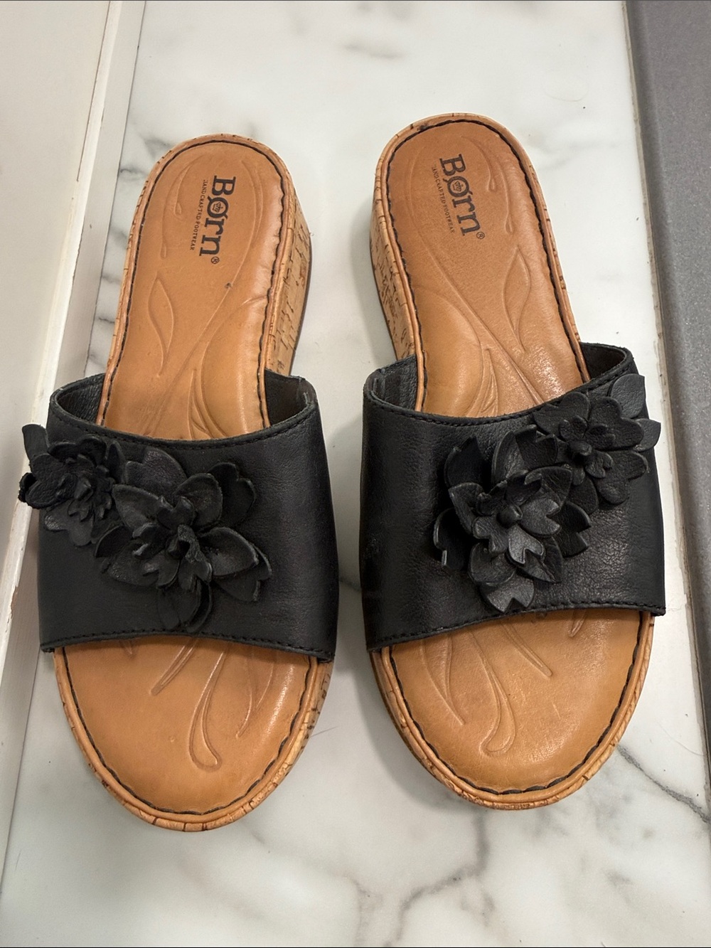 Børn Dottie Flower Black Cork Wedge Slide Sandals Size 7 Leather